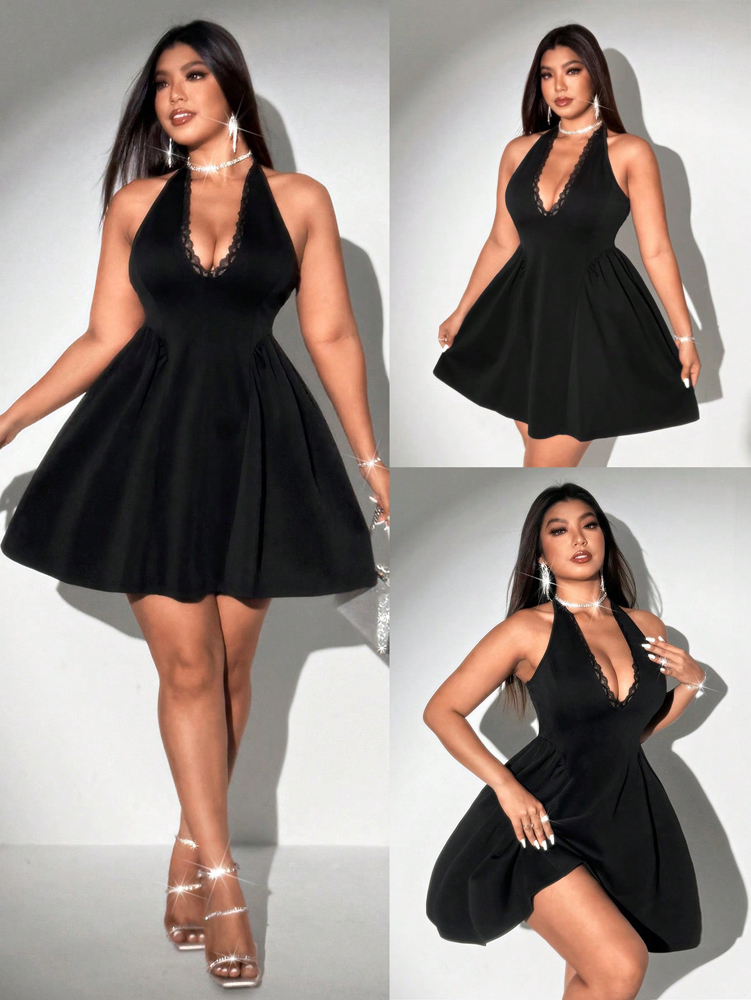 Maxi Dress Halter - Женское черное мини-платье больших размеров с