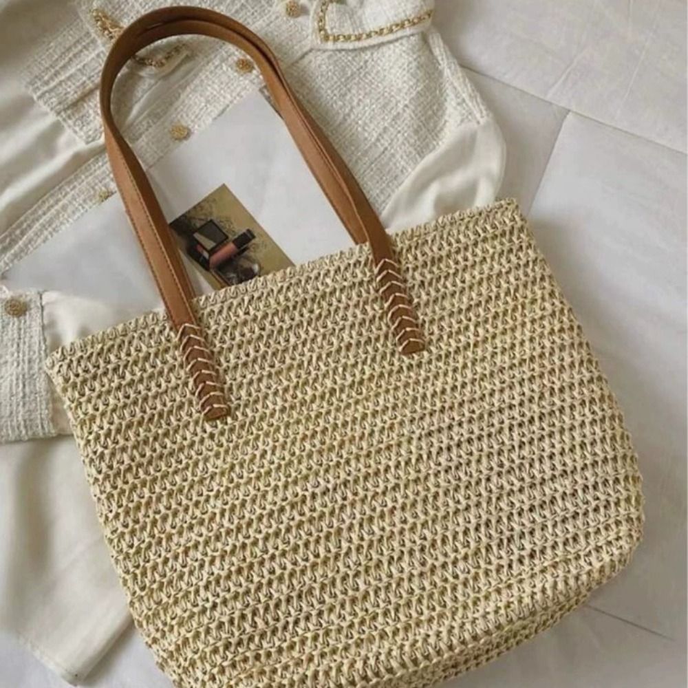 Tote Bag Beach - Милая однотонная плетеная сумка-тоут из соломки,